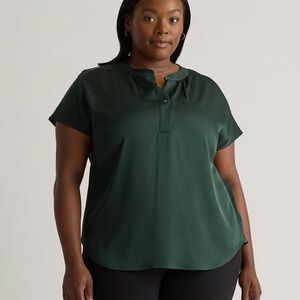 Quince Washable Stretch Silk Dolman Sleeve Blouse in Forest Green 1X  (062)
